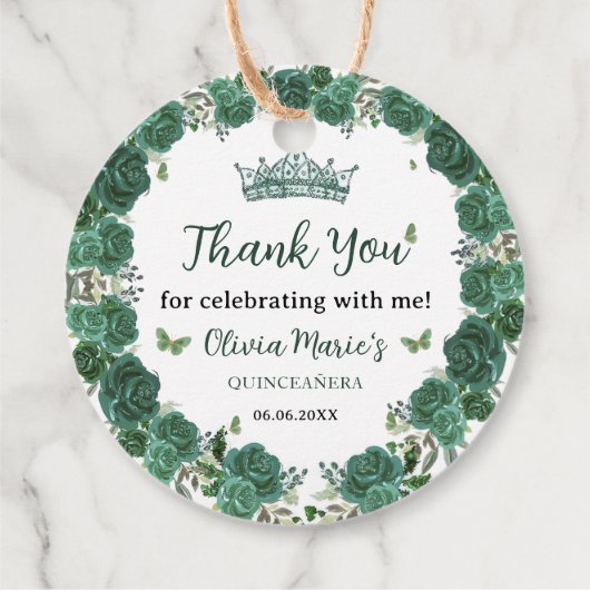 Quinceañera Emerald Green Floral Butterfliegen Tia Geschenkanhänger (Rückseite)