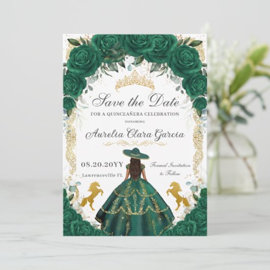 Quinceañera Emerald Green Floral Charro Pferde Save The Date (Stehend Vorderseite)