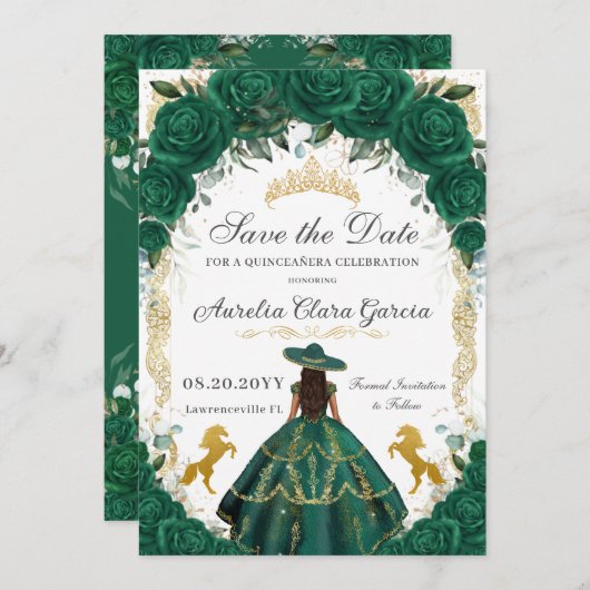 Quinceañera Emerald Green Floral Charro Pferde Save The Date (Vorne/Hinten)