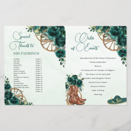 Quinceañera Emerald Green Floral Charro Programm (Rückseite)