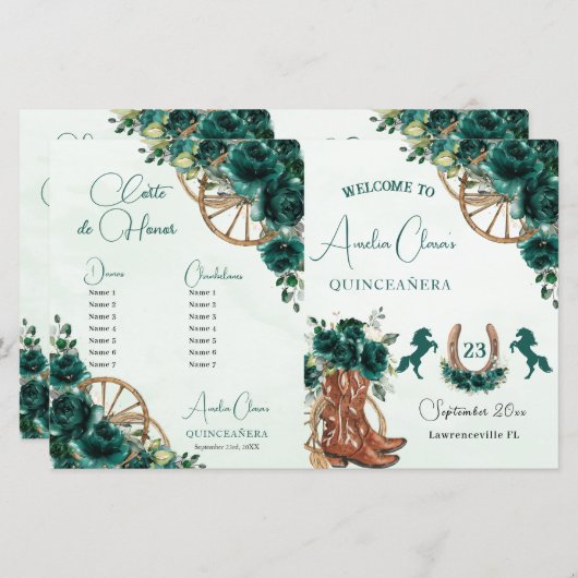Quinceañera Emerald Green Floral Charro Programm (Vorne/Hinten)