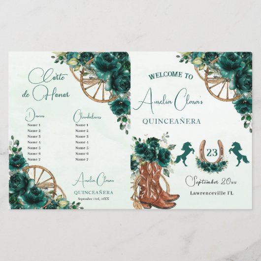 Quinceañera Emerald Green Floral Charro Programm (Vorderseite)