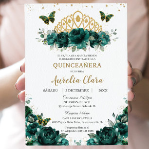 Quinceañera Emerald Green Floral Crown Español Einladung