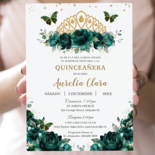 Quinceañera Emerald Green Floral Crown Español Einladung