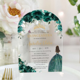 Quinceañera Emerald Green Floral Dress Gold Arch Acryleinladungen