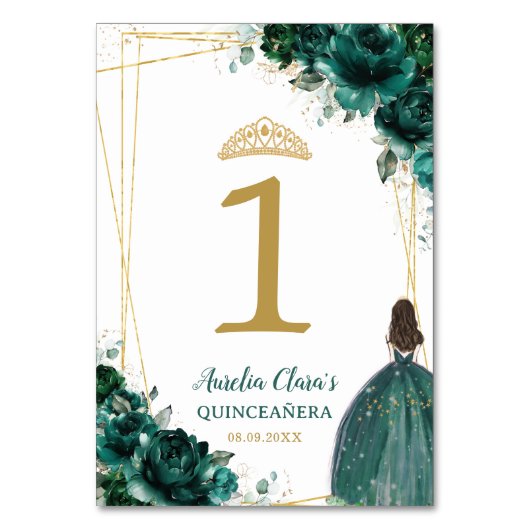 Quinceañera Emerald Green Floral Gold Girl Dress Tischnummer (Vorderseite)