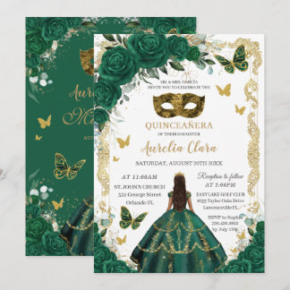 Quinceañera Emerald Green Floral Gold Masquerade Einladung