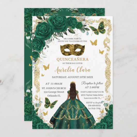 Quinceañera Emerald Green Floral Gold Masquerade Einladung (Vorne/Hinten)
