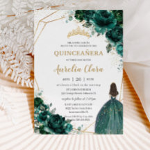 Quinceañera Emerald Green Floral Gold Princess Inv