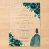 Quinceañera Emerald Green Floral Gold Prinzessin Acryleinladungen (Vorderseite)