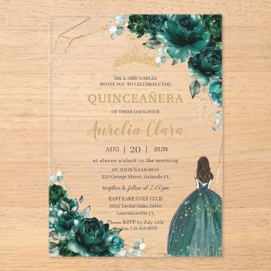 Quinceañera Emerald Green Floral Gold Prinzessin Acryleinladungen (Vorderseite)