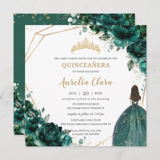 Quinceañera Emerald Green Floral Gold Prinzessin Einladung (Vorne/Hinten)