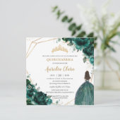 Quinceañera Emerald Green Floral Gold Prinzessin Einladung (Stehend Vorderseite)