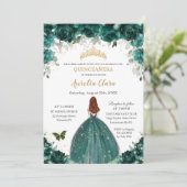 Quinceañera Emerald Green Floral Gold Prinzessin Einladung (Stehend Vorderseite)