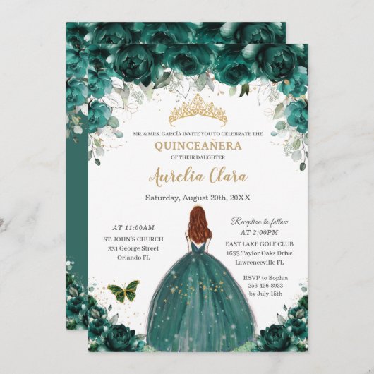 Quinceañera Emerald Green Floral Gold Prinzessin Einladung (Vorne/Hinten)