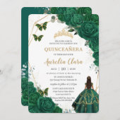 Quinceañera Emerald Green Floral Gold Prinzessin Einladung (Vorne/Hinten)