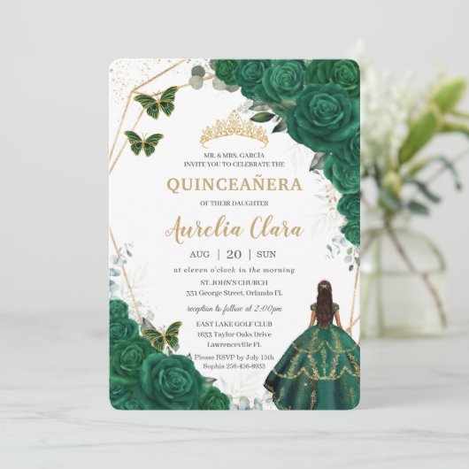 Quinceañera Emerald Green Floral Gold Prinzessin Einladung (Stehend Vorderseite)