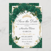 Quinceañera Emerald Green Floral Gold Prinzessin Save The Date (Vorne/Hinten)