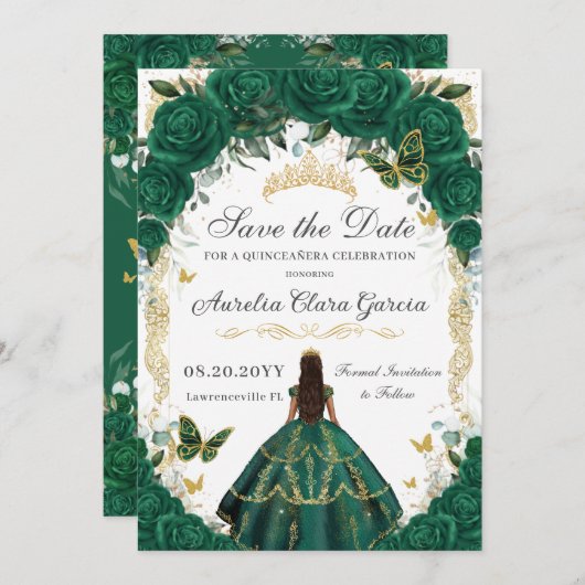 Quinceañera Emerald Green Floral Gold Prinzessin Save The Date (Vorne/Hinten)