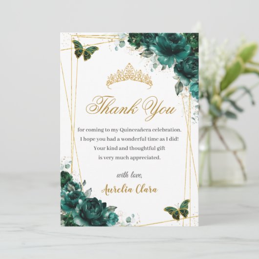 Quinceañera Emerald Green Floral Gold Schmetterlin Dankeskarte (Stehend Vorderseite)