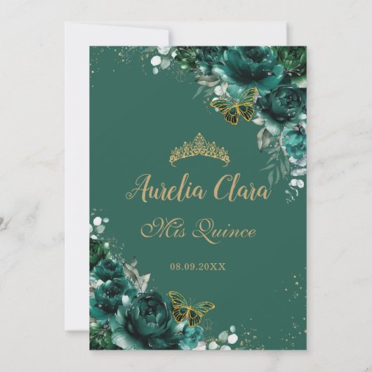 Quinceañera Emerald Green Floral Gold Schmetterlin Dankeskarte (Rückseite)
