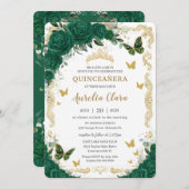 Quinceañera Emerald Green Floral Gold Schmetterlin Einladung (Vorne/Hinten)