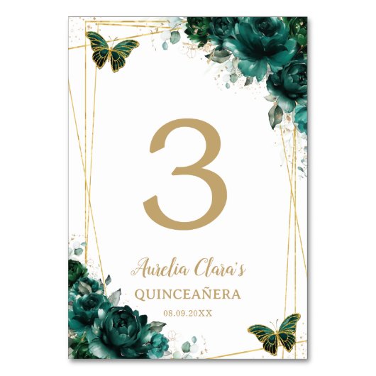 Quinceañera Emerald Green Floral Gold Schmetterlin Tischnummer (Rückseite)