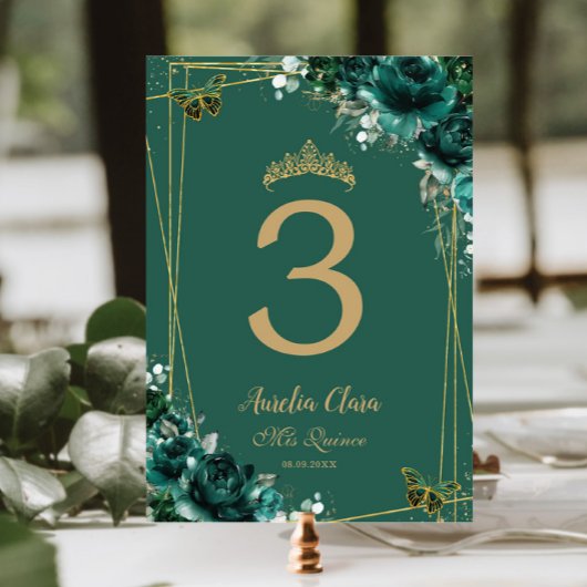 Quinceañera Emerald Green Floral Gold Schmetterlin Tischnummer
