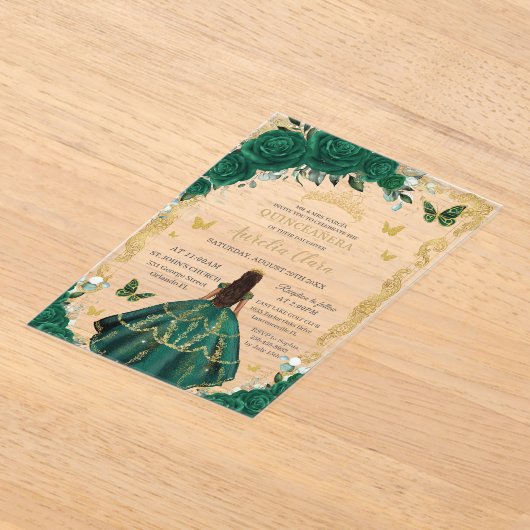 Quinceañera Emerald Green Floral Princess Gold Acryleinladungen (Ablage )