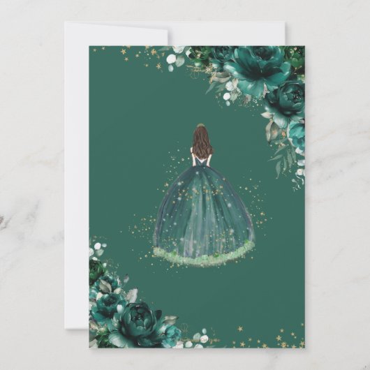 Quinceañera Emerald Green Floral Prinzessin Españo Einladung (Rückseite)