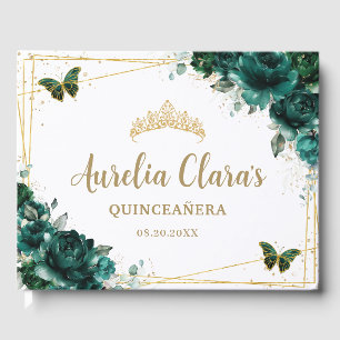 QUINCEAÑERA Emerald Green Floral Rose Schmetterlin Gästebuch