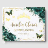QUINCEAÑERA Emerald Green Floral Rose Schmetterlin Gästebuch (Vorderseite)
