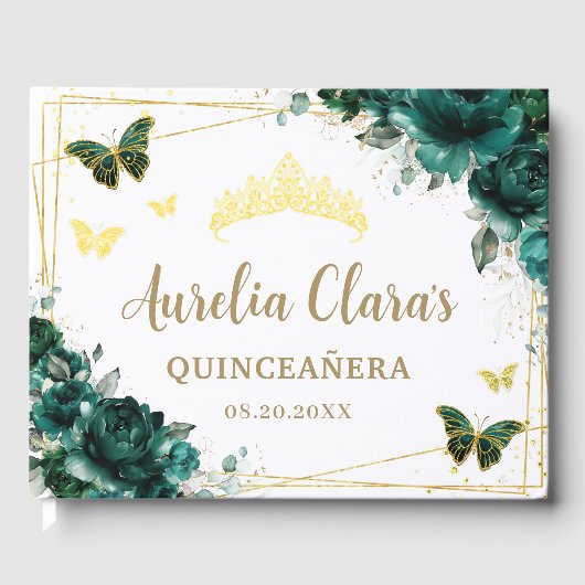 QUINCEAÑERA Emerald Green Floral Rose Schmetterlin Gästebuch (Vorderseite)