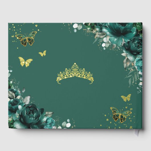 QUINCEAÑERA Emerald Green Floral Rose Schmetterlin Gästebuch (Rückseite)