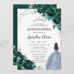 Quinceañera Emerald Green Floral Silver Blue Dress Einladung
