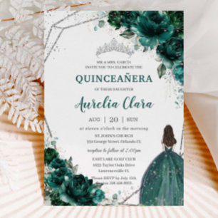 Quinceañera Emerald Green Floral Silver Princess Einladung