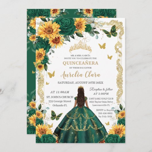 Quinceañera Emerald Green Floral Sonnenblumen Gold Einladung (Vorne/Hinten)