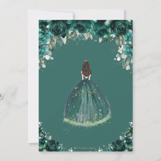 Quinceañera Emerald Green Floral Tiara Princess Einladung (Rückseite)