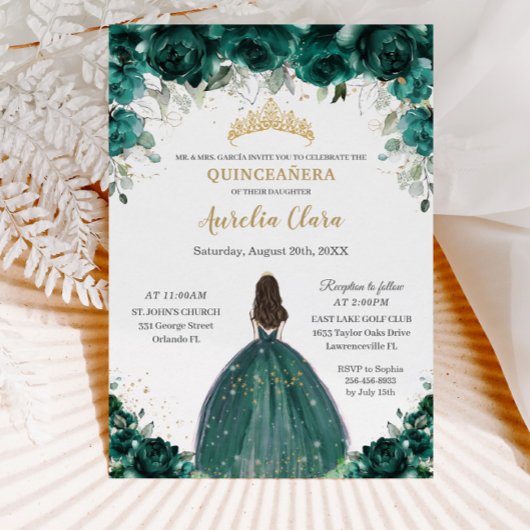 Quinceañera Emerald Green Floral Tiara Princess Einladung