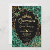 Quinceanera Emerald Green Gold Black Einladung (Vorderseite)