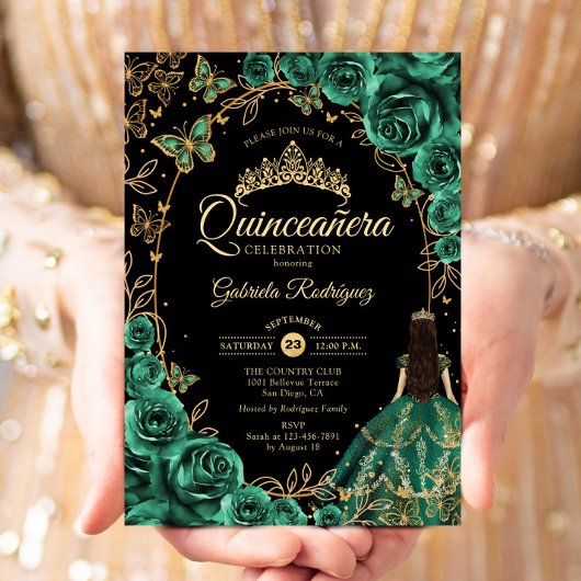 Quinceanera Emerald Green Gold Black Einladung