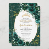 Quinceañera Emerald Green Gold Floral Butterfliege Einladung (Vorne/Hinten)
