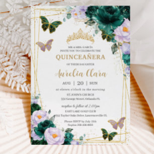 Quinceañera Emerald Green Lila Floral Butterfly Einladung