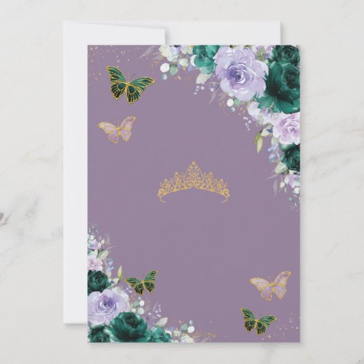 Quinceañera Emerald Green Lila Floral Butterfly Einladung (Rückseite)