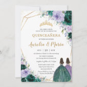 Quinceañera Emerald Green Lila Floral Twins Einladung (Vorderseite)