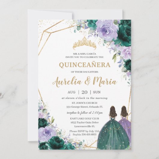 Quinceañera Emerald Green Lila Floral Twins Einladung (Vorderseite)