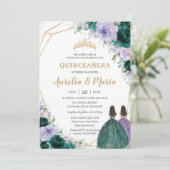 Quinceañera Emerald Green Lila Floral Twins Einladung (Stehend Vorderseite)