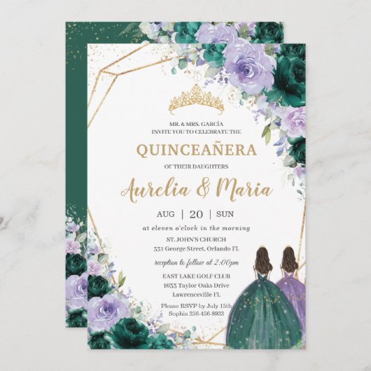 Quinceañera Emerald Green Lila Floral Twins Einladung (Vorne/Hinten)