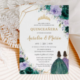 Quinceañera Emerald Green Lilac Floral Twins Einladung