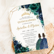 Quinceañera Emerald Green Navy Blue Floral Twins